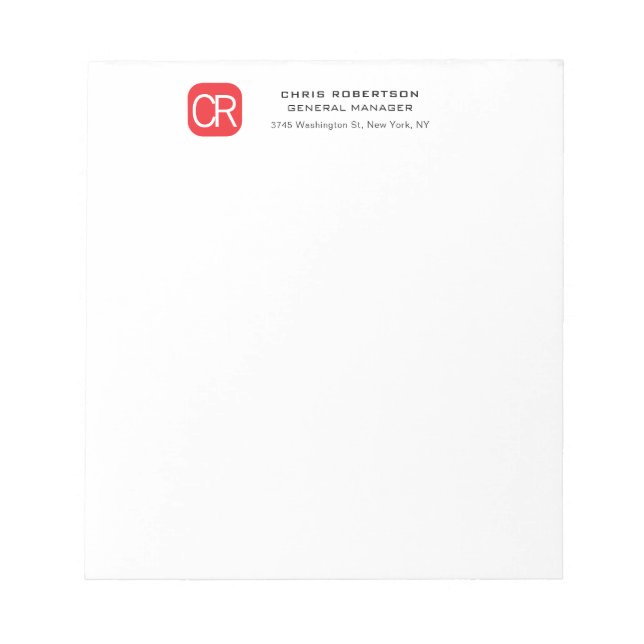 Bloco De Notas Vermelho Branco Profissional Simples Monogramado (Frente)