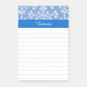 Bloco De Notas Vintage em branco azul editável Damasco floral