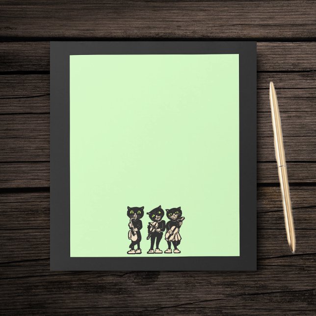 Bloco De Notas Vintage Musical Black Cats (Three black musician cats playing instruments on light green with black border paper notepad.)