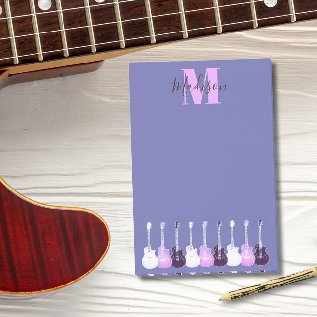 Bloco De Notas Violão elétrico acústico roxo rosa Monogram (Pink purple guitars custom monogram musicians post-it notes)