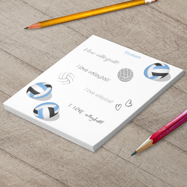 Bloco De Notas volicombolas pretas azuis moças nome personalizado (Blue & black volleyballs personalized notepad)