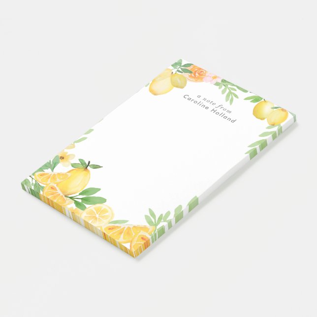 Bloco De Notas Watercolor Lemon Floral Personalizado Stationery (Inclinado)