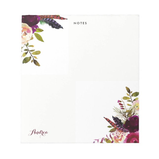 Bloco De Notas Watercolor Purple Boho Floral Autumn Personalizado (Frente)