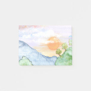 Bloco De Notas Watercolor Sunset sobre Montanhas e Árvores