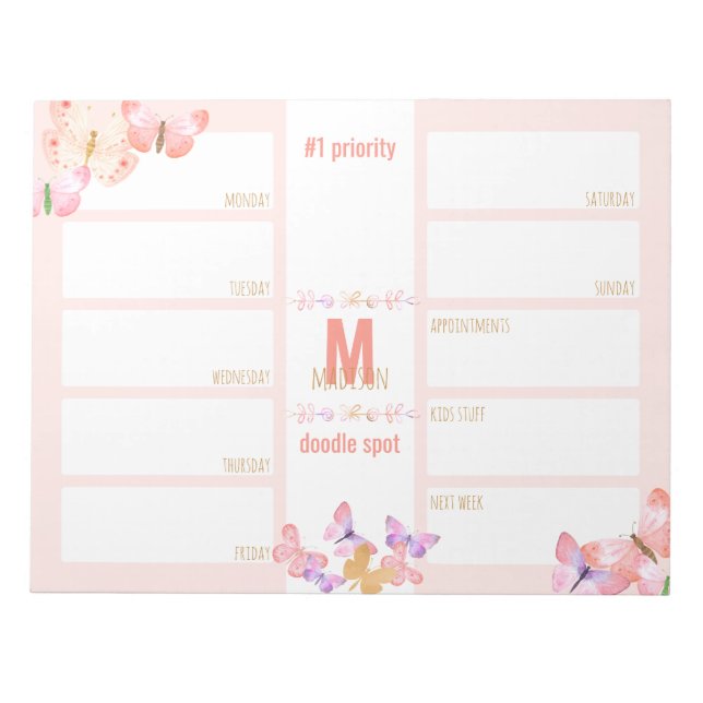 Bloco De Notas Weekly Planner Daily To Do Butterflies Monogram (Frente)