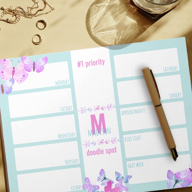 Bloco De Notas Weekly Planner Daily To Do Pink Butterfly Monogram (Criador carregado)