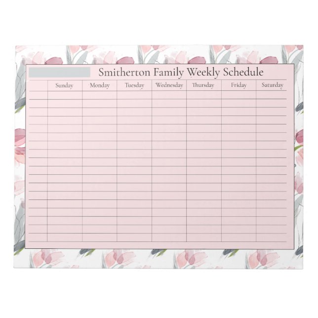 Bloco De Notas Weekly Planner Schedule Pink Flowers White Notepad (Frente)