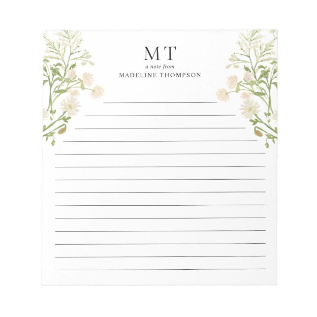 Bloco De Notas White Floral Wildflower Classic Monogram Lined (Frente)