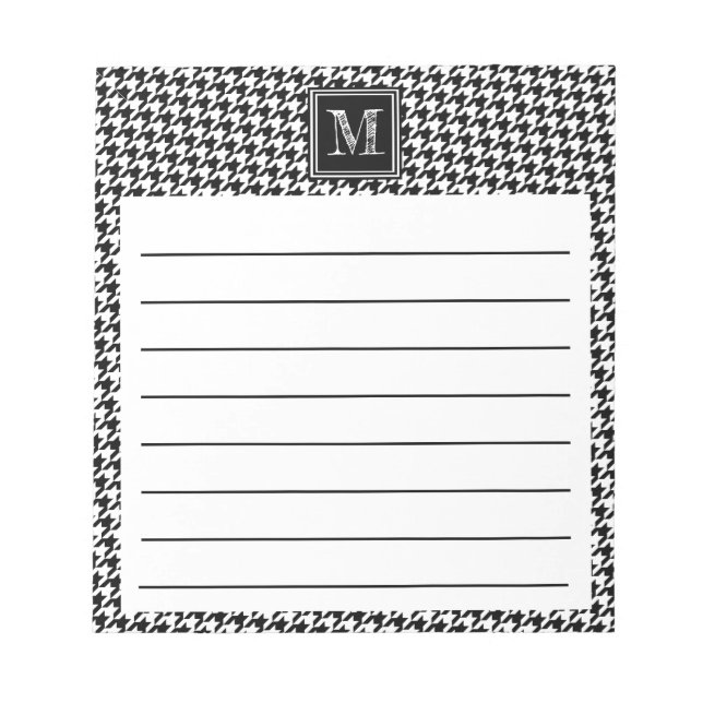 Bloco De Notas White Houndstooth Preto Clássico | Monograma moder (Frente)