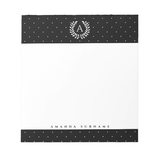 Bloco De Notas White On Black Laurel Monogram Tiny Polka Dots (Frente)
