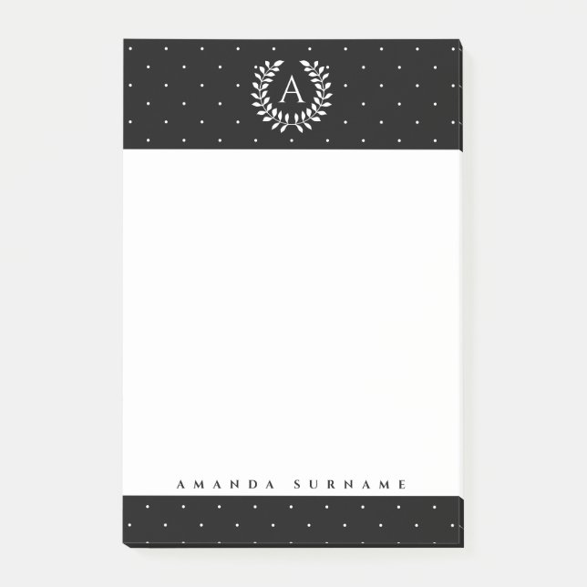 Bloco De Notas White On Black Laurel Monogram Tiny Polka Dots (Frente)