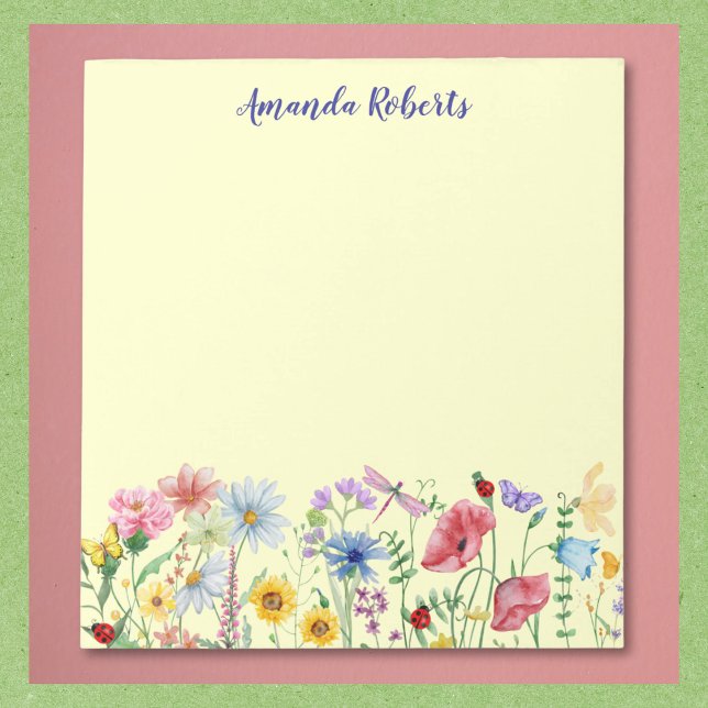 Bloco De Notas Wildflowers, Butterflies, and Ladybugs Notepad (Multiple sizes available. Text may be easily updated or removed.)