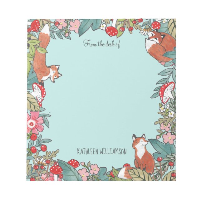 Bloco De Notas Woodland Blue Fox Foxes Forest Folha Personalizada (Frente)