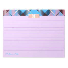 Bloco De Notas Xadrez Azul Cor-de-rosa, Monograma, Brilho Lilac