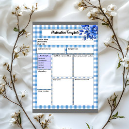 Bloco De Notas Xadrez Floral Azul _ Modelo de Medicação
