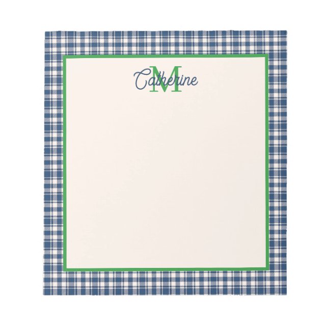 Bloco De Notas Xadrez Gingham Azul e Verde com Monograma (Frente)