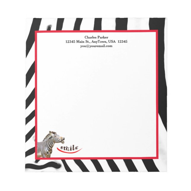 Bloco De Notas Zebra sorri preto/branco/vermelho personalizável (Frente)