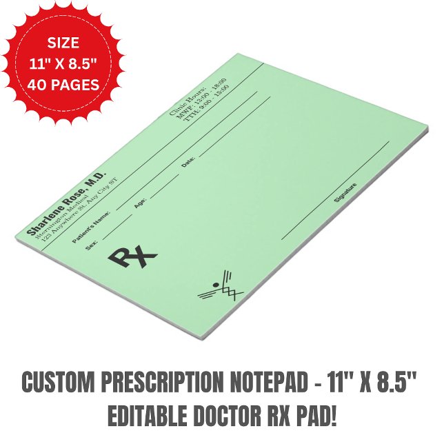 Bloco de Prescrição Personalizado – Bloco de Notas (Custom Prescription Notepad – 11" x 8.5" Editable Doctor RX Pad)