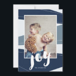 Bloco Geométrico | Cartão com fotos de alegria azu<br><div class="desc">Um design contemporâneo de blocos coloridos em tons de inverno de azul denim inclui uma mensagem à mão para alegria neste moderno cartão com fotos de feriado estilizado.</div>