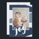 Bloco Geométrico | Cartão com fotos de alegria azu<br><div class="desc">Um design contemporâneo de blocos coloridos em tons de inverno de azul denim inclui uma mensagem à mão para alegria neste moderno cartão com fotos de feriado estilizado.</div>