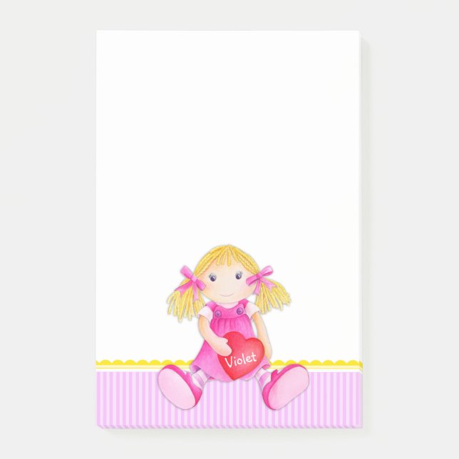 Bloco Post-it Arte de aquarela do boneco Rag nomeou posto que el (Frente)