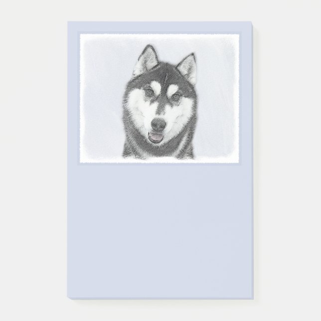 Bloco Post-it Arte de Cão Siberiana (Preto e Branco) (Frente)