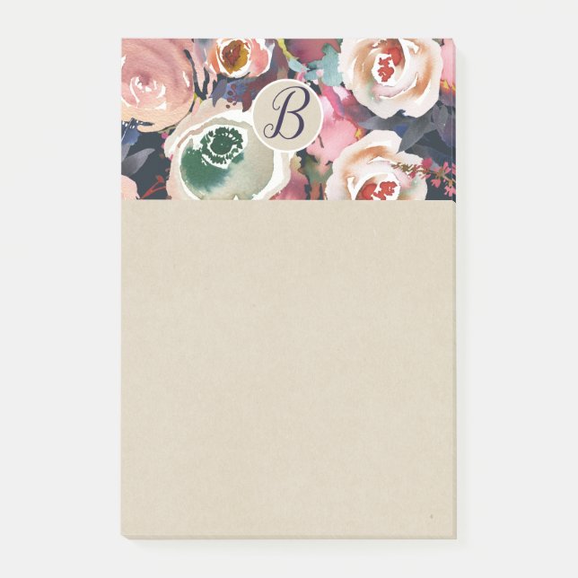 Bloco Post-it Azul Escuro e Rosa Bege Floral Chic Aquarela (Frente)