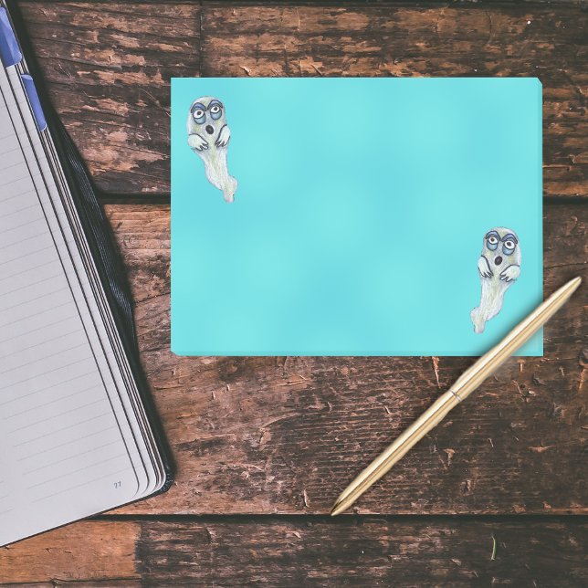 Bloco Post-it Bobo Goofone Cartoon Ghost Big Eyes Halloween (Two silly floating ghosts blue eyes on aqua blue post it notes for Halloween.)