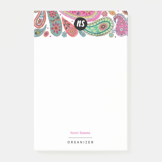 Bloco Post-it Boêmio Rosa & Turquesa Floral Paisley (Frente)