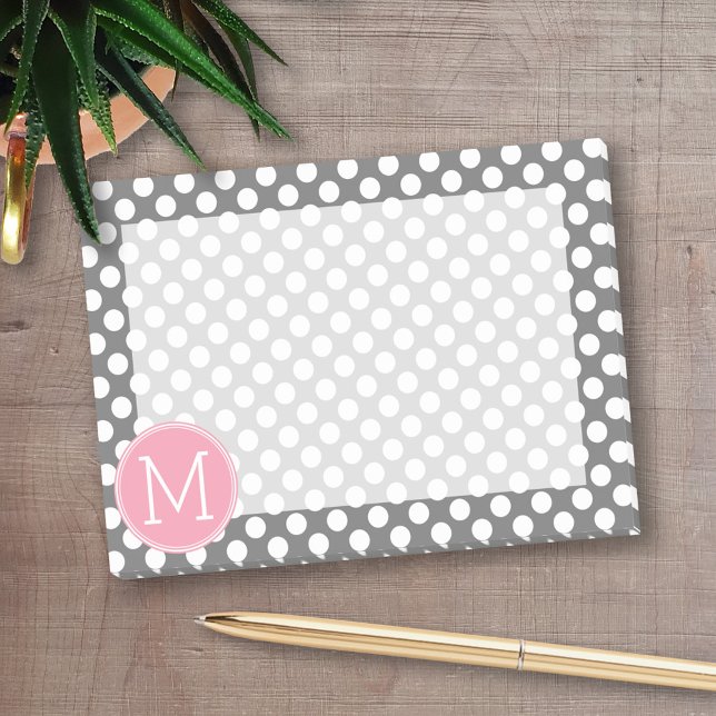 Bloco Post-it Bolinhas rosa e Cinzas com monograma personalizado (Personalized post-it notes with an area to add your name or other text)