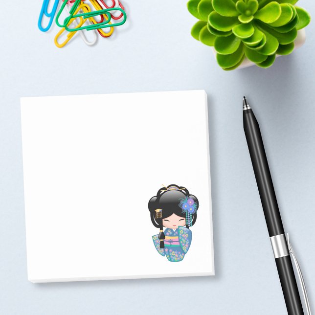 Bloco Post-it Boneca Keiko Kokeshi - Rapariga Kimono Geisha Azul (Criador carregado)