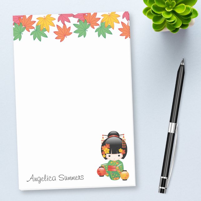 Bloco Post-it Boneca Kokeshi verde Kimono Geisha (Criador carregado)