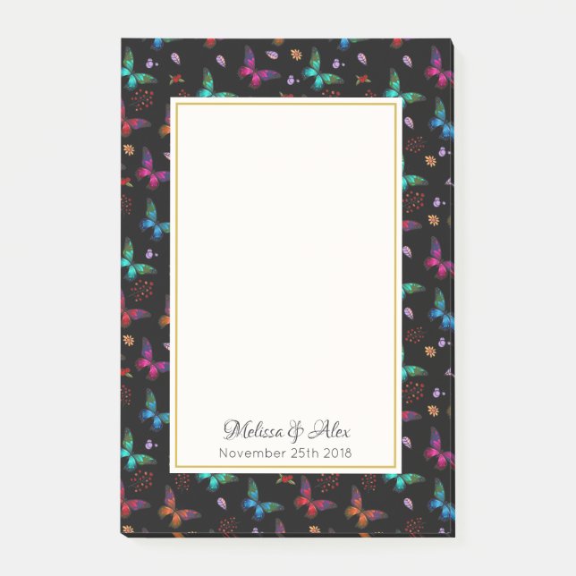 Bloco Post-it Borboletas bonito de tom de joia em preto (Frente)