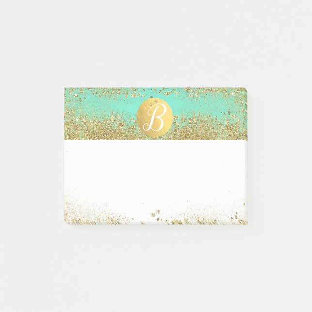 Bloco Post-it Brilho Dourado & Glam Aqua Teal Monograma Personal (Frente)