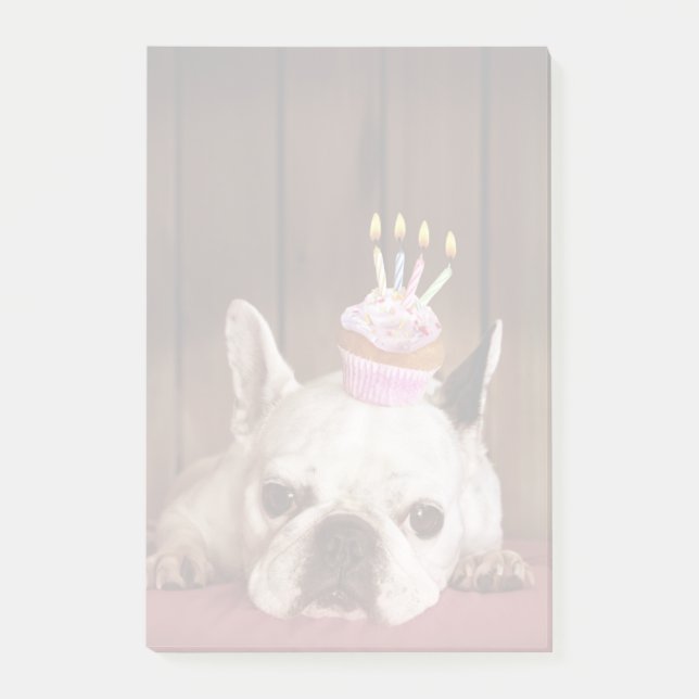 Bloco Post-it Buldogue francês com cupcake do aniversário (Frente)