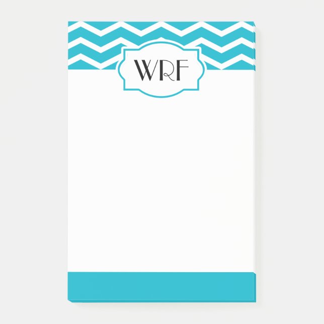Bloco Post-it Chevron Branco Azul-Azul-Aqua, Monograma Com Padrã (Frente)