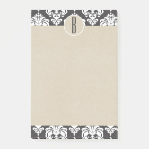 Bloco Post-it Cinza Branco Glam Damasco Kraft Monograma Inicial