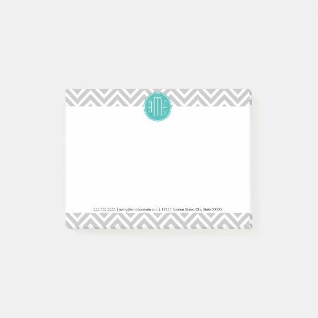 Bloco Post-it Cinza Moderna Elegante Chevron e Mint Monograma (Frente)
