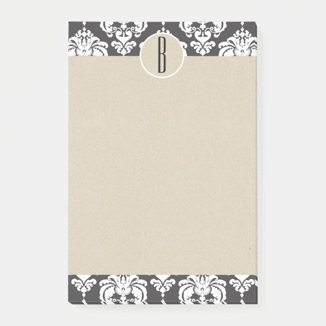 Bloco Post-it Cinza White Glam Damask Kraft Monograma Inicial (Frente)