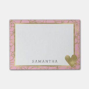 Bloco Post-it Círculos Glam Dourados cor-de-rosa com o coraçã
