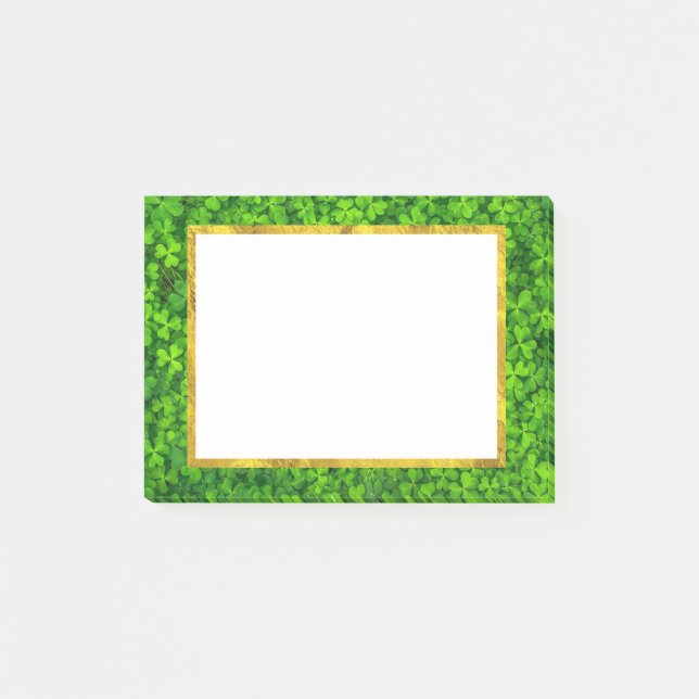 Bloco Post-it Clovers Verdes com Quadro de Folha Ouro FAUX (Frente)