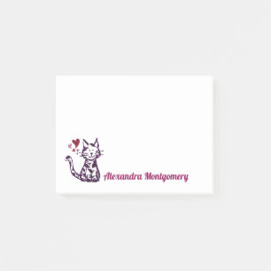 Bloco Post-it Corações cor-de-rosa e vermelhos do gato roxo do