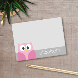 Bloco Post-it Coruja de Cartoon Bonita - Nome Personalizado Rosa