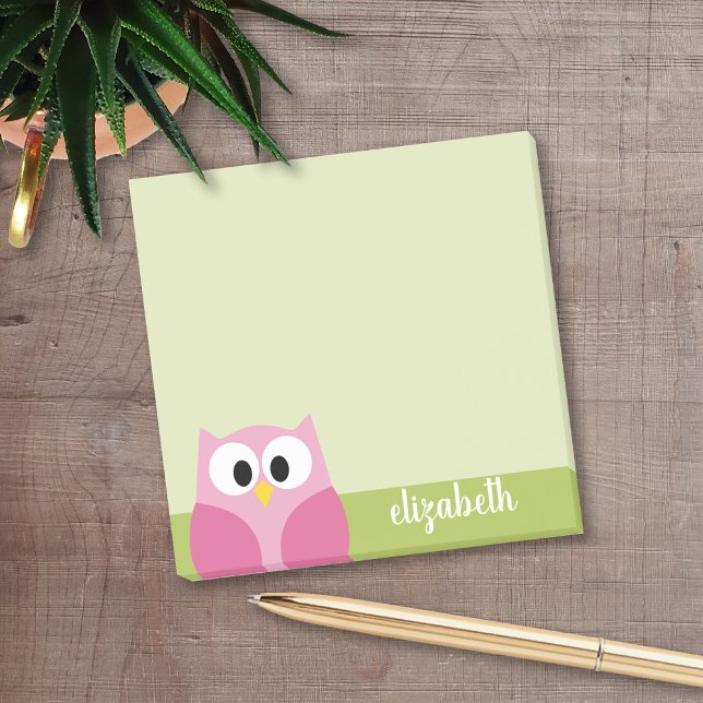 Bloco Post-it Coruja de Cartoon Bonita - Rosa e Verde limão (Personalized Post It Notepads)