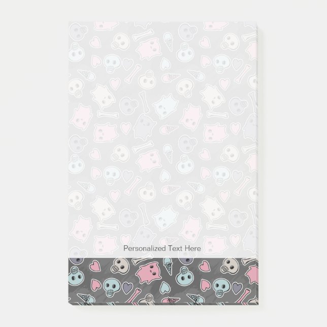 Bloco Post-it Crânios e corações sobre fundo preto (Frente)