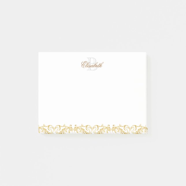 Bloco Post-it Damasco do ouro do monograma (Frente)