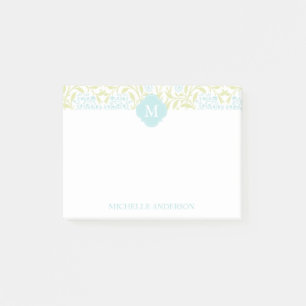 Bloco Post-it Damasco Floral Verde e Aqua Monogramas