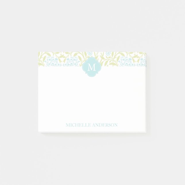 Bloco Post-it Damasco Floral Verde e Aqua Monogramas (Frente)