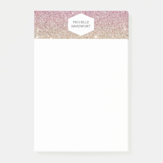 BLOCO POST-IT ELEGANTE EMBLEMA BRANCA EM PINK OMBRE GLITTER (Frente)