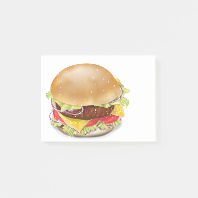 Bloco Post-it Hambúrguer delicioso ou cheeseburger. (Frente)